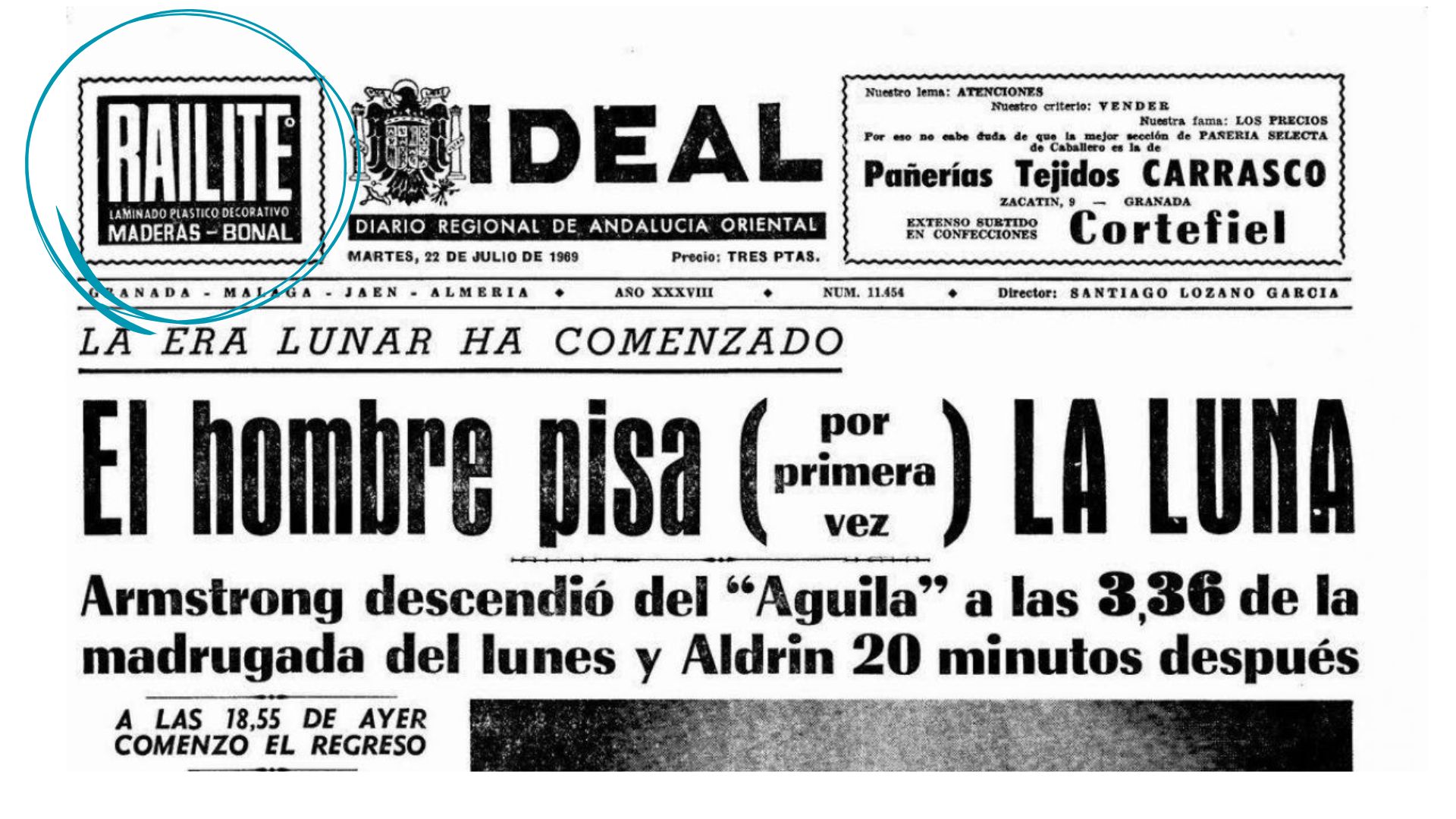 Portada de periódico antiguo sobre la llegada del hombre a la Luna